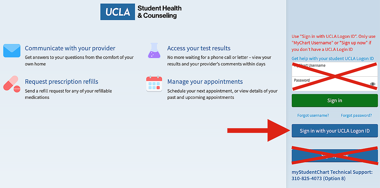 Screenshot of MyStudentChart login page emphasizing login using UCLA logon